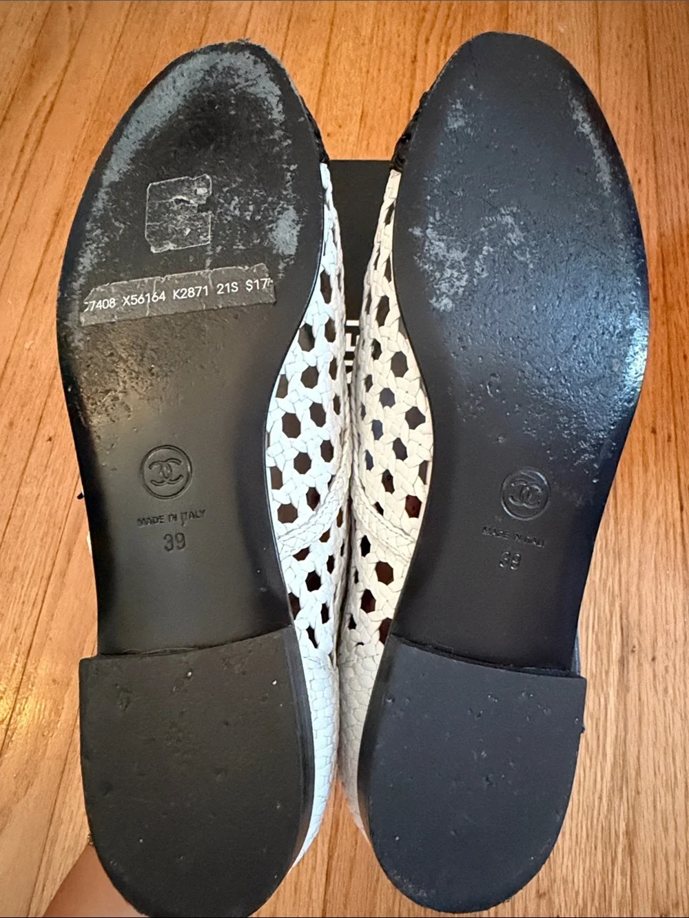 CHANEL White Woven Lace-Up Flats with Black Cap Toe